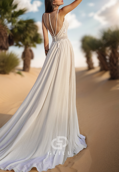 Spaghetti Straps V-Neck Backless Sweep Train Boho Wedding Dress