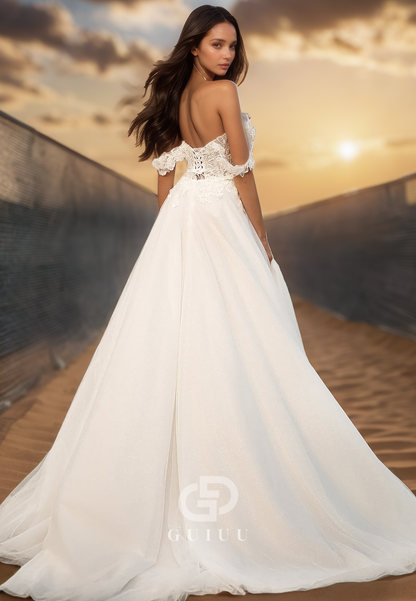 Off-Shoulder Cap Sleevess Side Slit Appliques Boho Wedding Dress