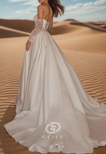 A-Line Off-Shoulder Long Sleeves Slit Sweep Train Satin Wedding Dress