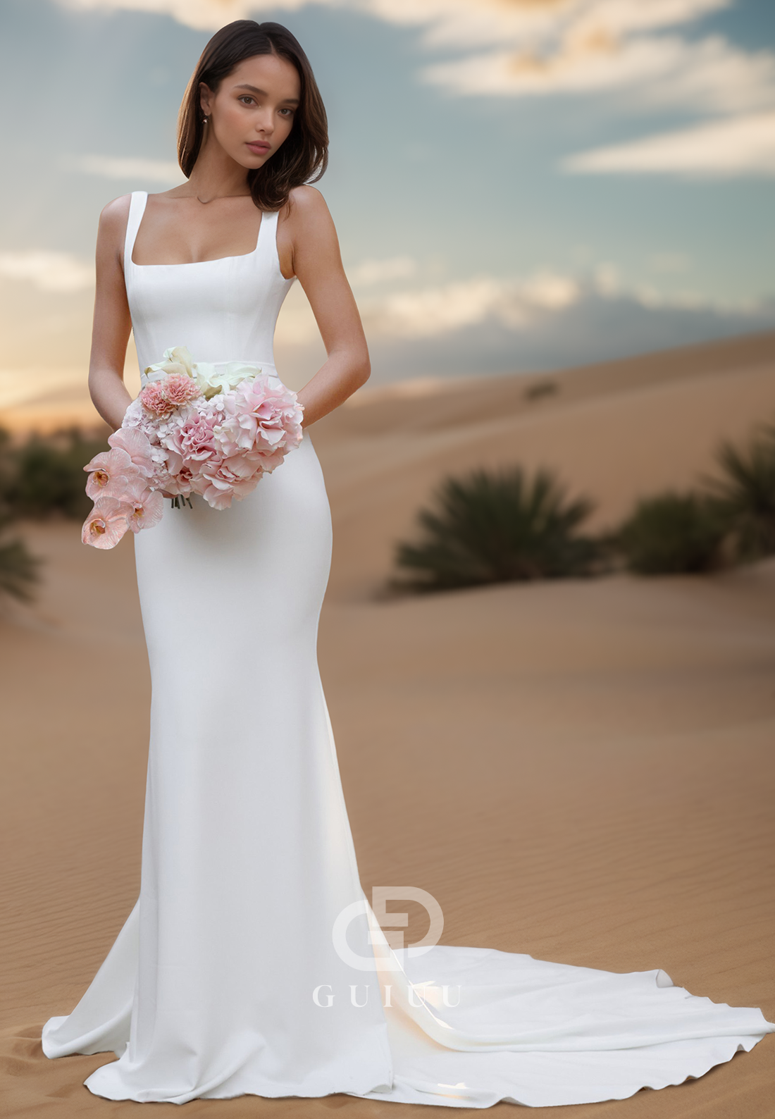 Simple A-Line Spaghetti Straps Square Backless Satin Wedding Dress