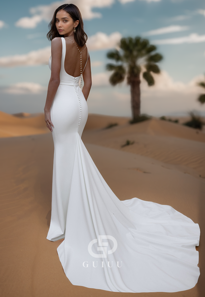 Simple A-Line Spaghetti Straps Square Backless Satin Wedding Dress