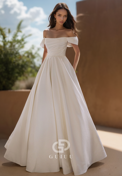 Simple A-Line Cap Sleeves Empire-Waist Sweep Train Satin Wedding Dress