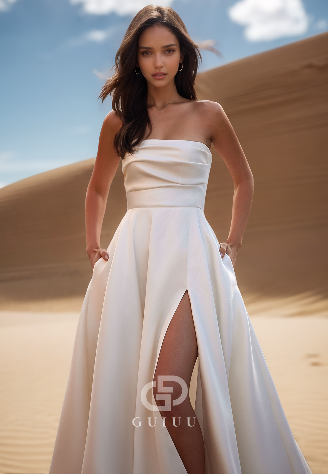 Simple A-Line Sleeveless Strapless Side Slit Satin Wedding Dress