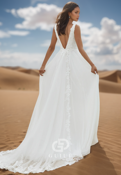 Simple A-Line Spaghetti Straps V-Neck Sweep Train Satin Wedding Dress