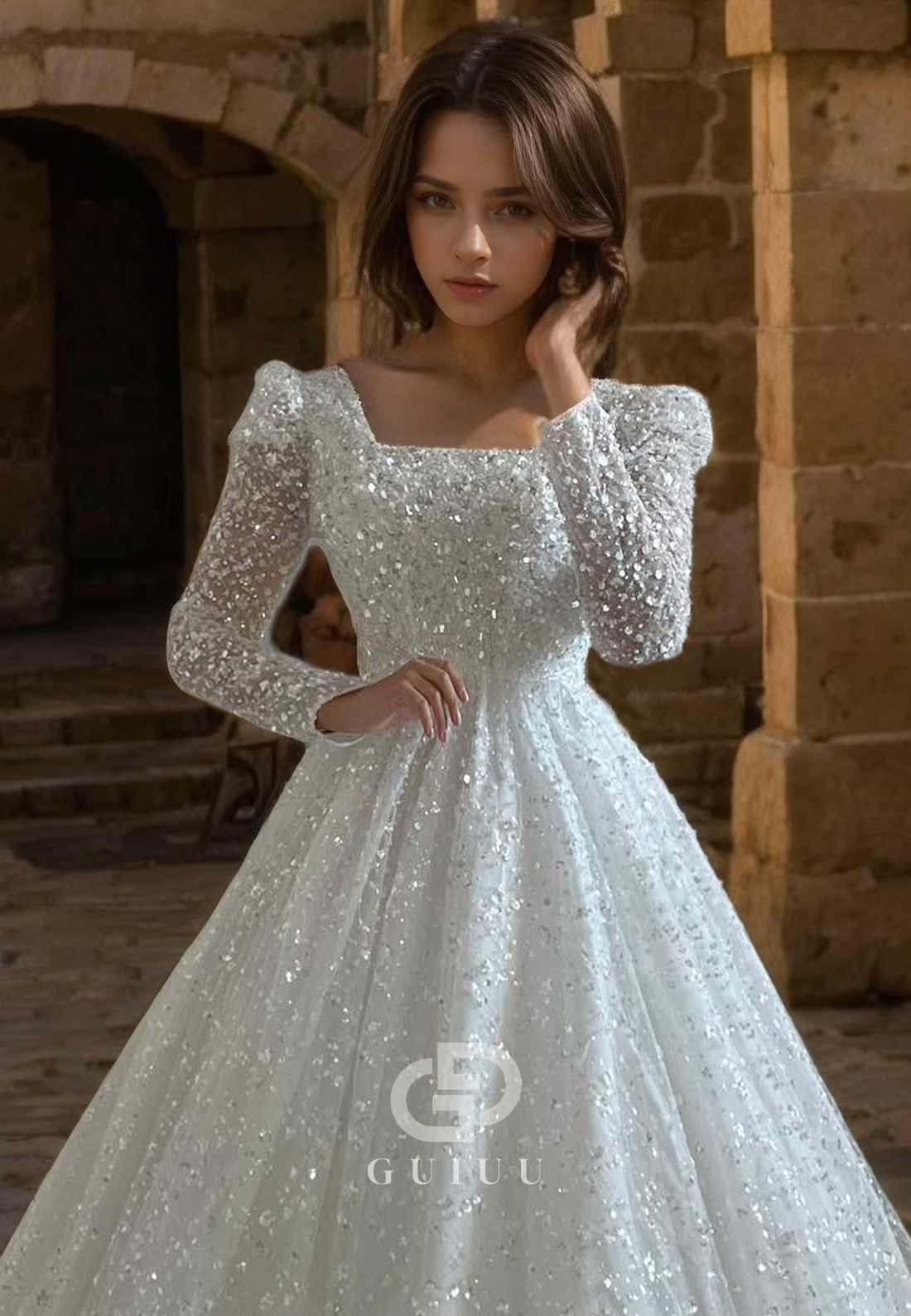 Glitter A-Line Square Long Sleeves Fully Sequins Long Wedding Dress