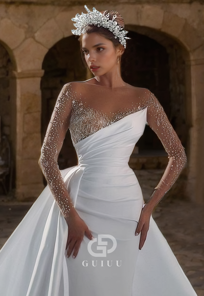 Mermaid Strapless Long Sleeves Pleated Beaded Wedding Dress with Train