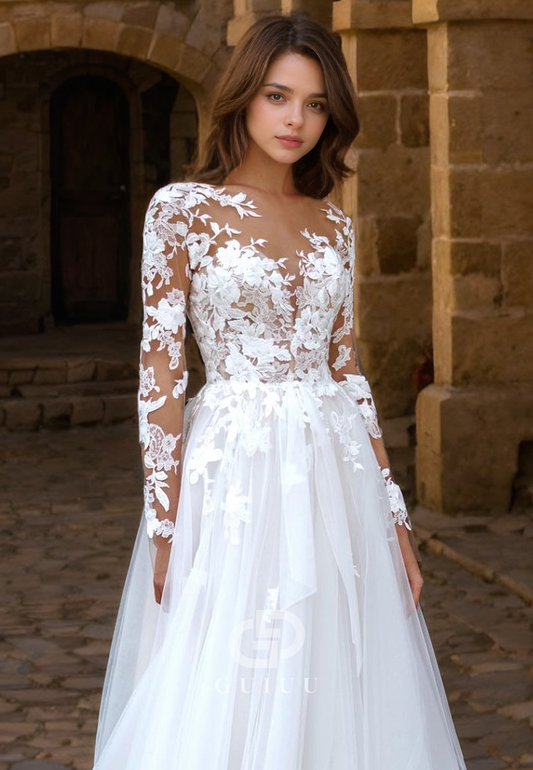 GW1045 - A-Line V Neck Long Sleeves Appliques Tulle Beach Wedding Dress