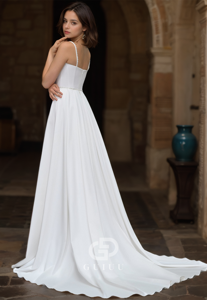 GW1014 - A-Line Strapless Straps Sleeveless Pleated Ruched Stain Wedding Dress with Slit and Train