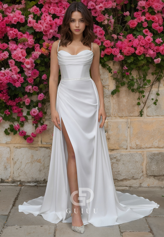 GW1014 - A-Line Strapless Straps Sleeveless Pleated Ruched Stain Wedding Dress with Slit and Train