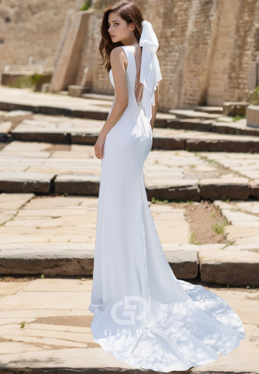 GW955 - Low V-Neck Beaded illusion Sleek Satin Elegant Mermaid Wedding Dress