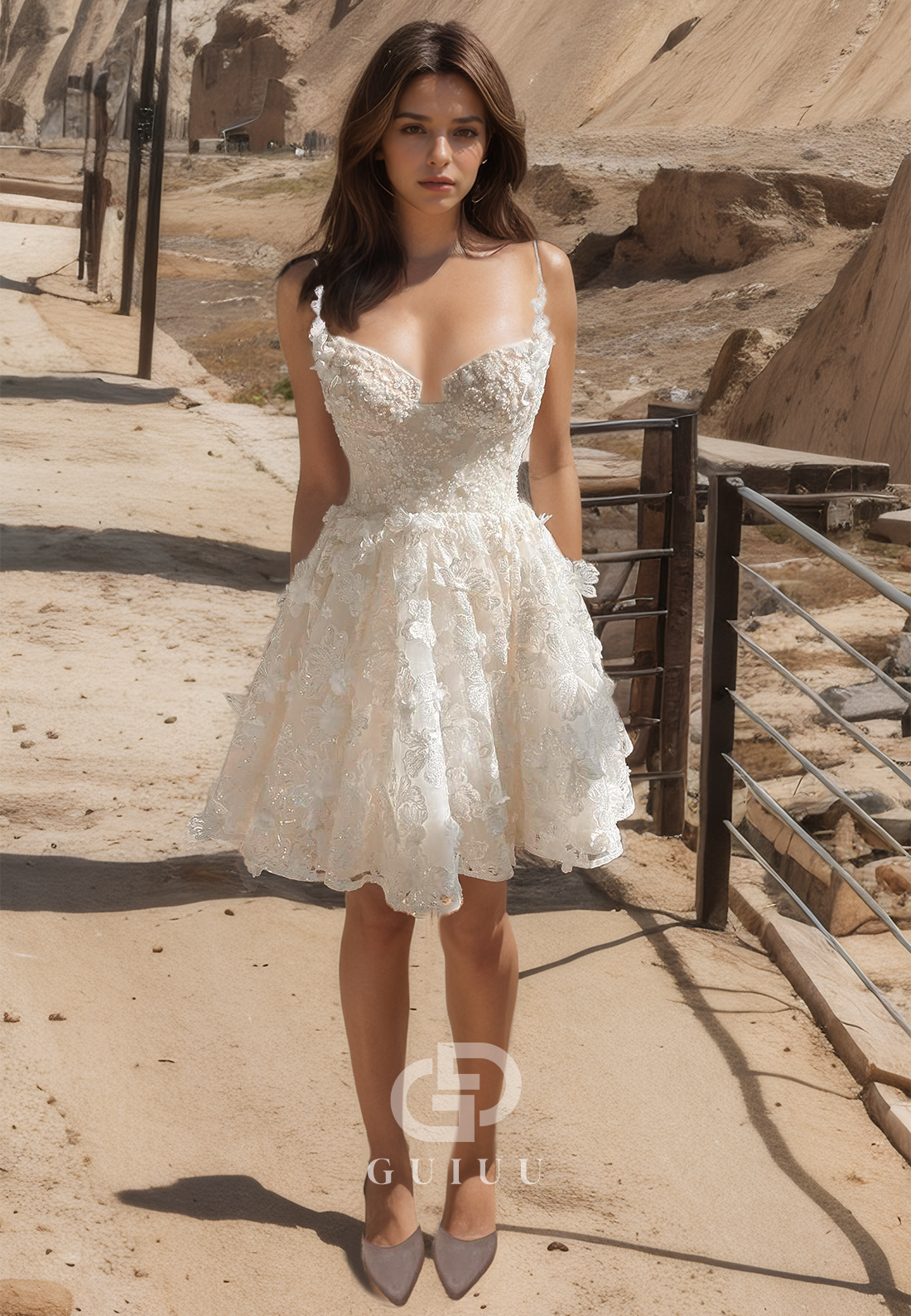 GW998 - Strapless Straps Sleeveless  Back Lace-Up Fully Lace Mini Wedding Dress