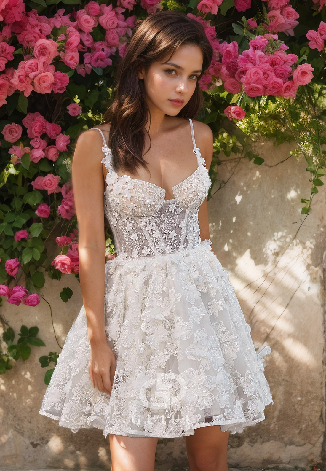 GW998 - Strapless Straps Sleeveless  Back Lace-Up Fully Lace Mini Wedding Dress