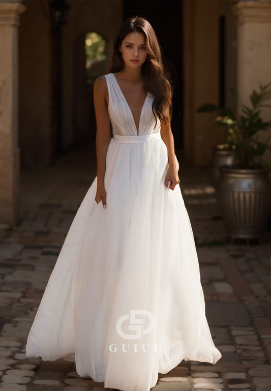 GW948 - A-Line Low V-Neck Tulle Elegant Wedding Dress Sweep Train