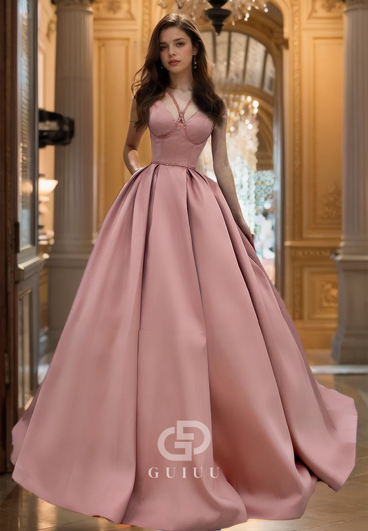 G2855 - Classic & Timeless A-Line V-Neck Satin Pink Long Prom Evening Dress