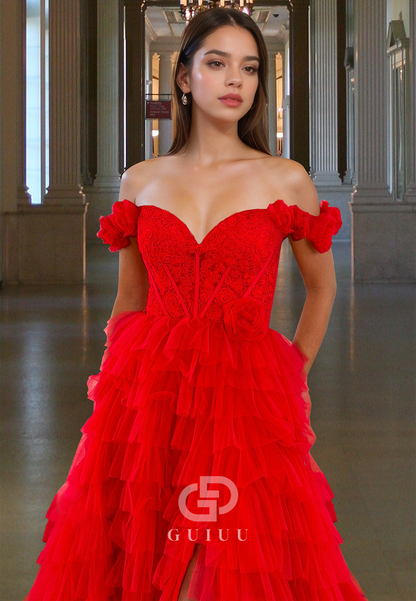 Red A-Line Off-Shoulder Backless Prom Dress with Train Empire-Waist Evening Party Dress