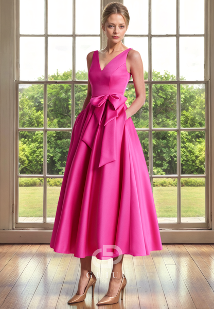 A-Line V Neck Straps Sleeveless Tea Length Mother of Bride Dress with Bow Knot