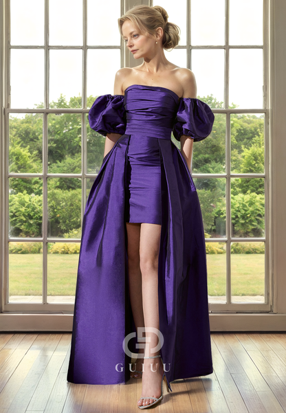 Sheath Strapless Half Lantern Sleeves Pleated High Low Mother of Bride Dress with Detachable Train