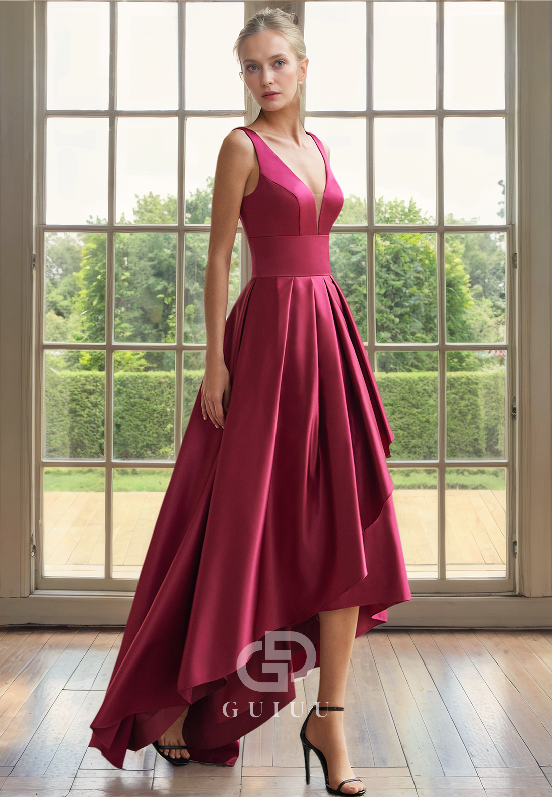 A-Line V Neck Straps Sleeveless Pleated High Low Mother of Bride Dress