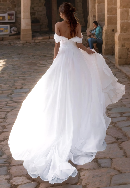 A-Line Off Shoulder Sleeveles Pleated Long Wedding Dress with High Side Slit and Train