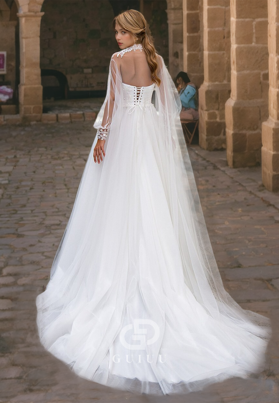 A-Line Strapless Sleeveless Beaded Appliques Pleated Long Tulle Wedding Dress with Train