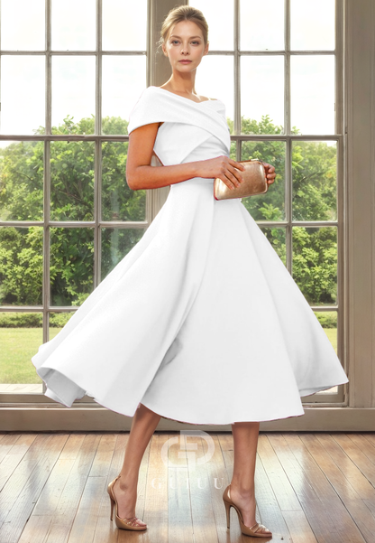 A-Line Off Shoulder Sleeveless Pleated Tea Length Mother of Bride Dress