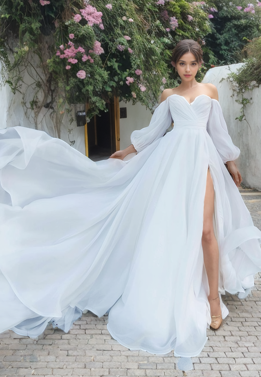 A-Line Off Shoulder Long Lantern Sleeves Pleated Long Wedding Dress with High Side Slit and Train