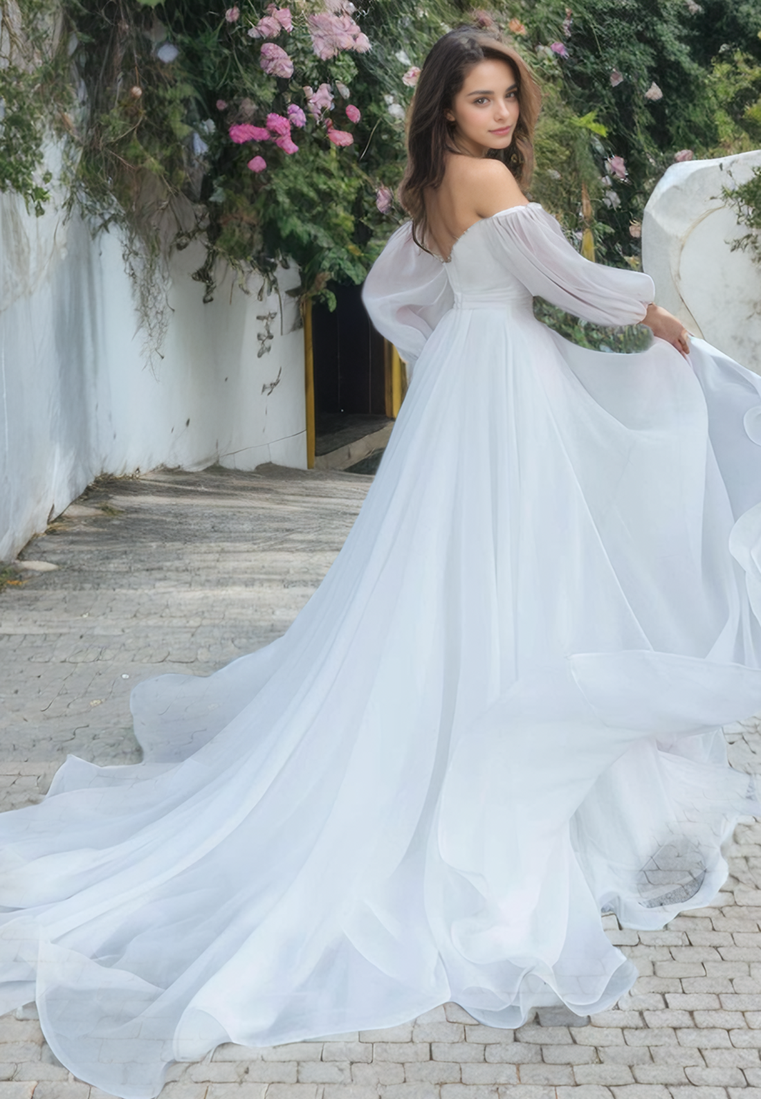 A-Line Off Shoulder Long Lantern Sleeves Pleated Long Wedding Dress with High Side Slit and Train