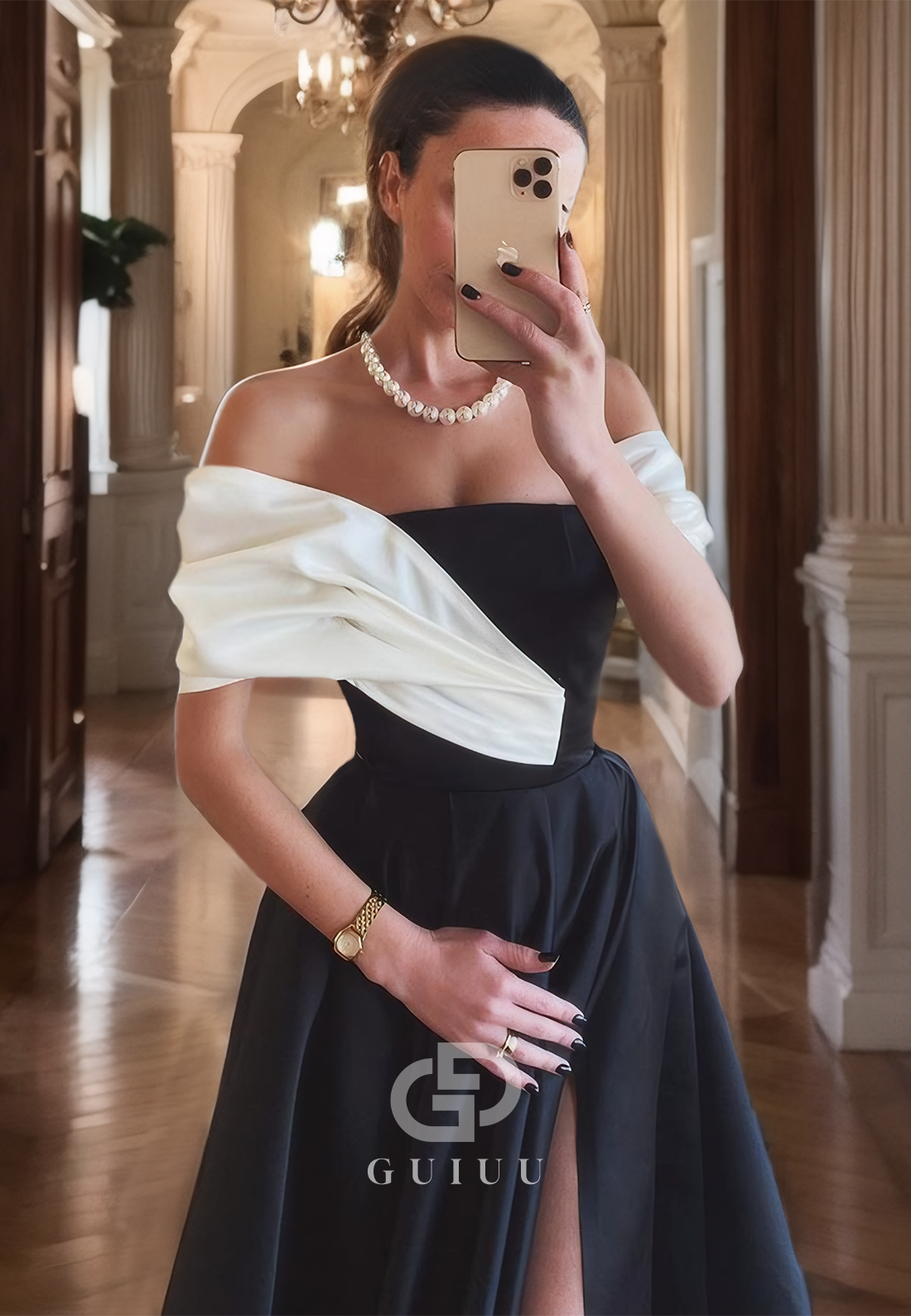 A-Line Off Shoulder Sleeveless Pleated Long Prom Dress with High Side Slit and Train