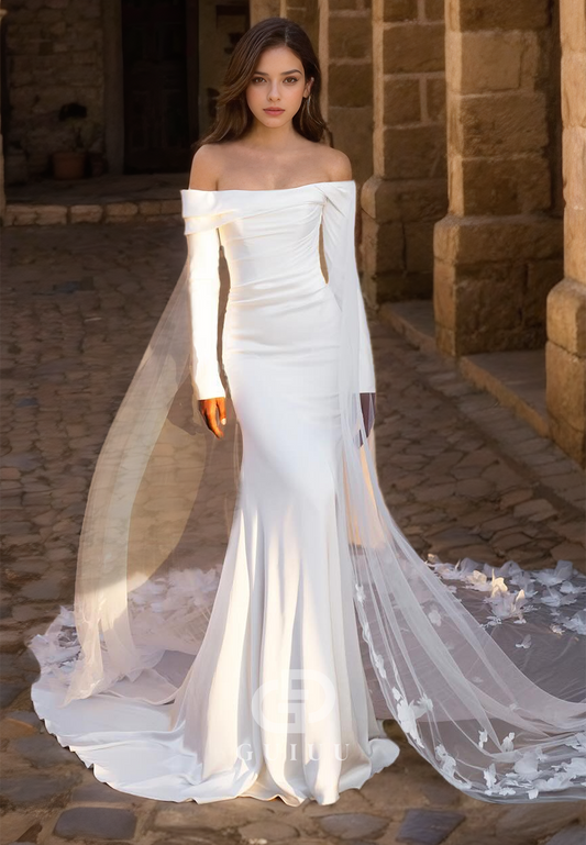 Unique Off Shoulder Ruched Off Shouler Mermaid Boho Wedding Dress