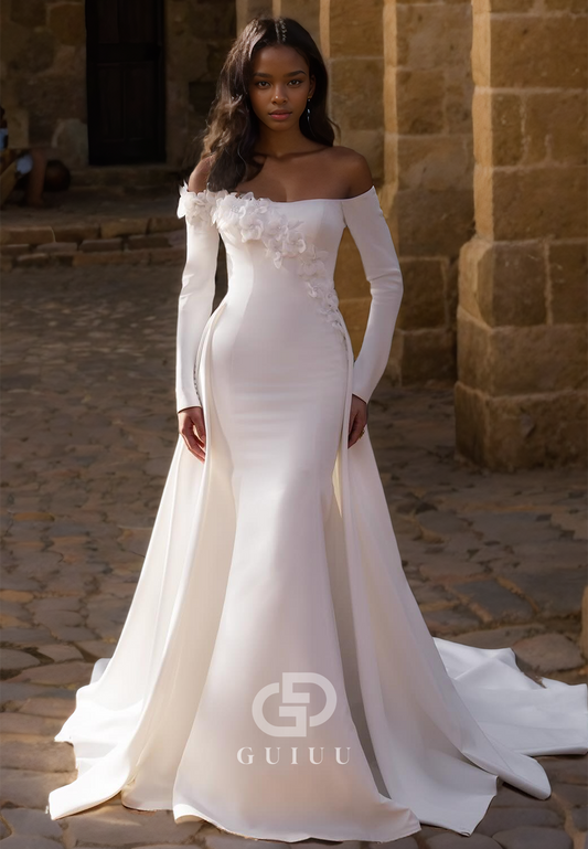 Chic Off Shoulder 3D Appliques Long Sleeves Mermaid Wedding Dress with Train