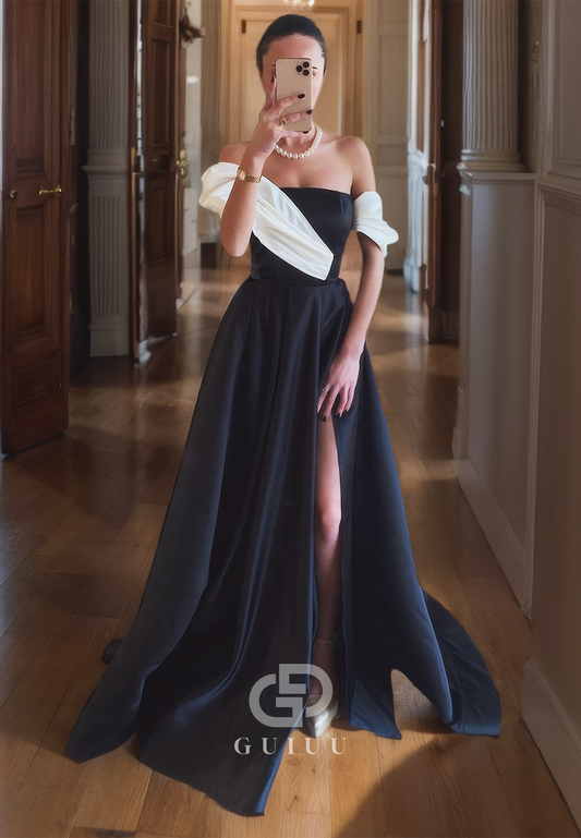 A-Line Off Shoulder Sleeveless Pleated Long Prom Dress with High Side Slit and Train