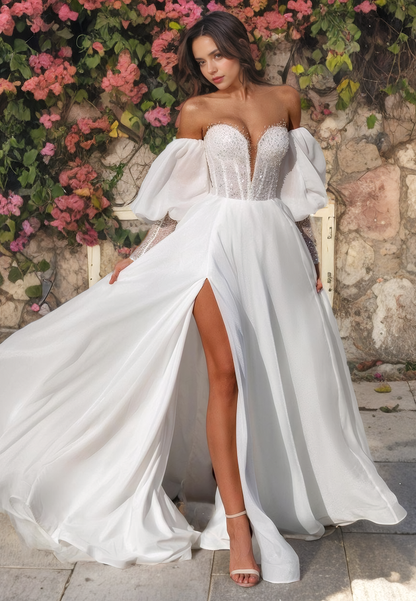 A-Line Strapless Detachable Long Lantern Sleeves Beaded Wedding Dress with High Side Slit and Train