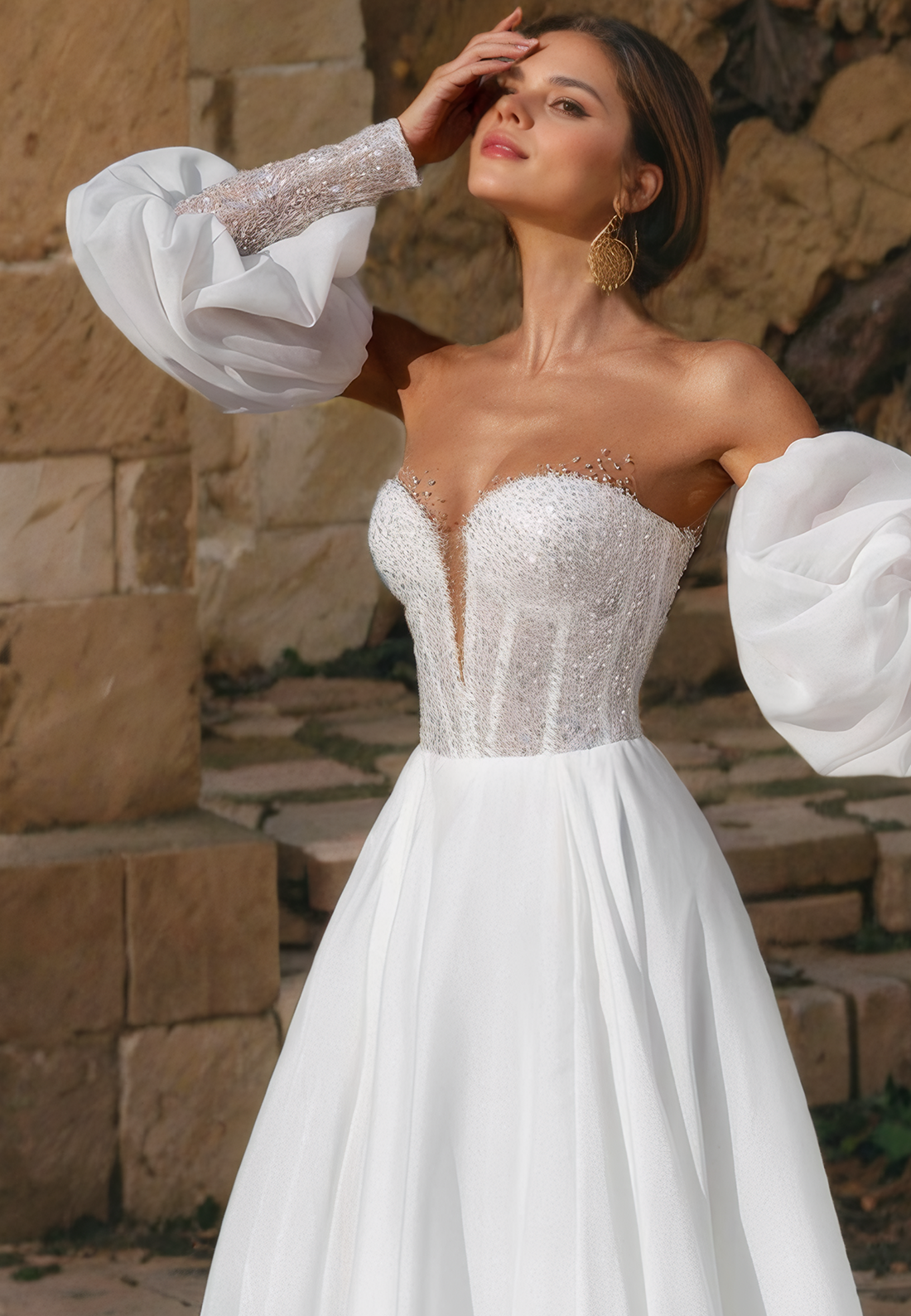 A-Line Strapless Detachable Long Lantern Sleeves Beaded Wedding Dress with High Side Slit and Train