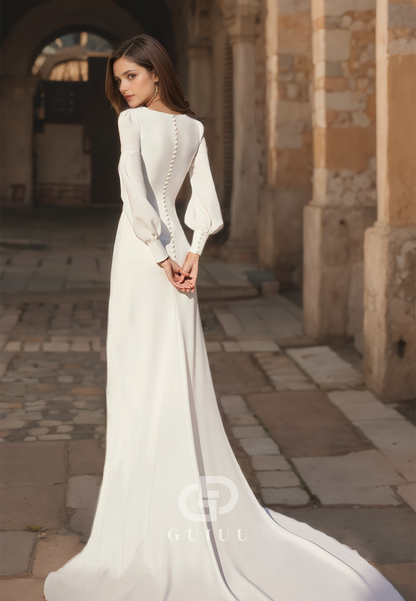 GW601 - Chic & Modern Sheath Square Long Bishop Sleeves Draped High Slit Floor-Length Wedding Dress with Sweep Train