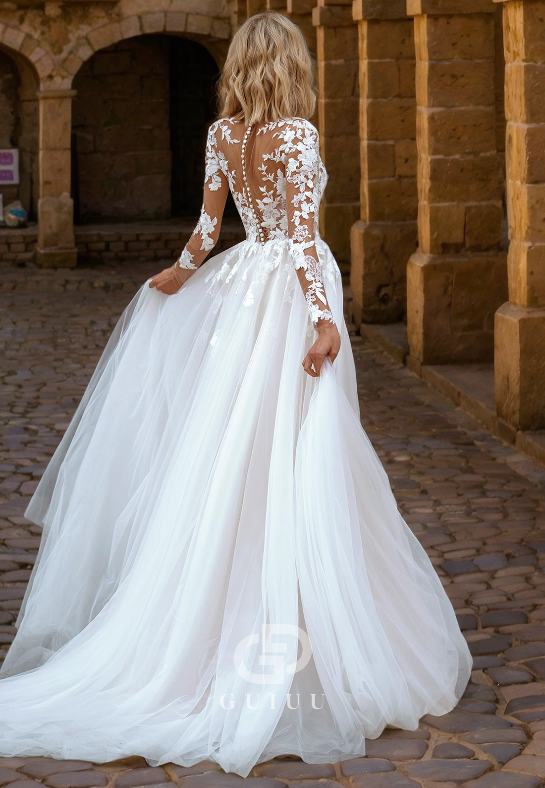 GW1045 - A-Line V Neck Long Sleeves Appliques Tulle Beach Wedding Dress