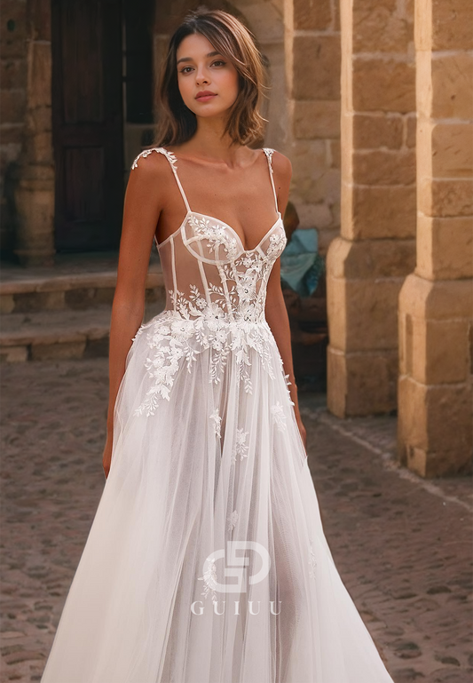 A-Line Strapless Straps Sleeveless Appliques Tulle Wedding Dress with High Side Slit and Train