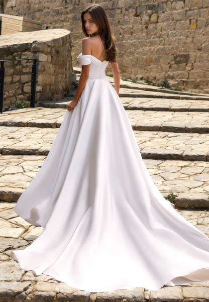 A-Line Off Shoulder Sleeveless Pleated Flower Satin Wedding Dress