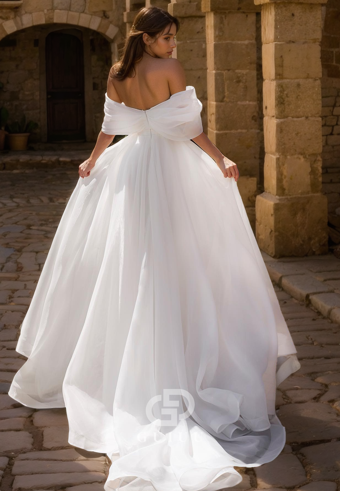 GW626 - Chic & Modern A-line Off Shoulder Beaded Long Wedding Dress with High Side Slit and Sweep Train