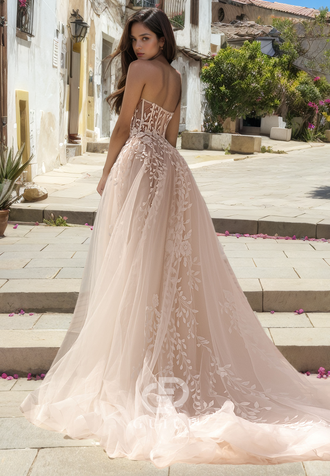 A-Line Strapless Sleeveless Back Zipper Appliques Boho Wedding Dress