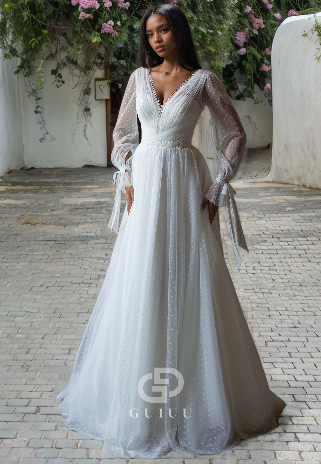 A-Line V Neck Long Sleeves Pleated Tulle Boho Wedding Dress with Train