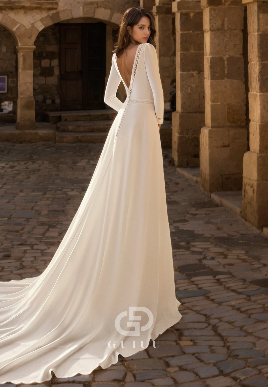 Mermaid Scoop Neck Long Sleeves V Back Satin Wedding Dress with Train