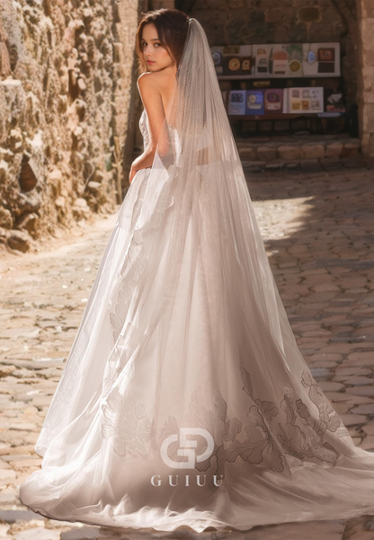 A-Line Strapless Sleeveless Appliques Tulle Wedding Dress with Train