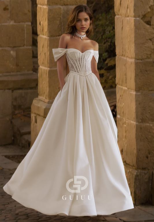 A Line Off Shoulder Lace Appliques Satin Rustic Wedding Dress with Pockets