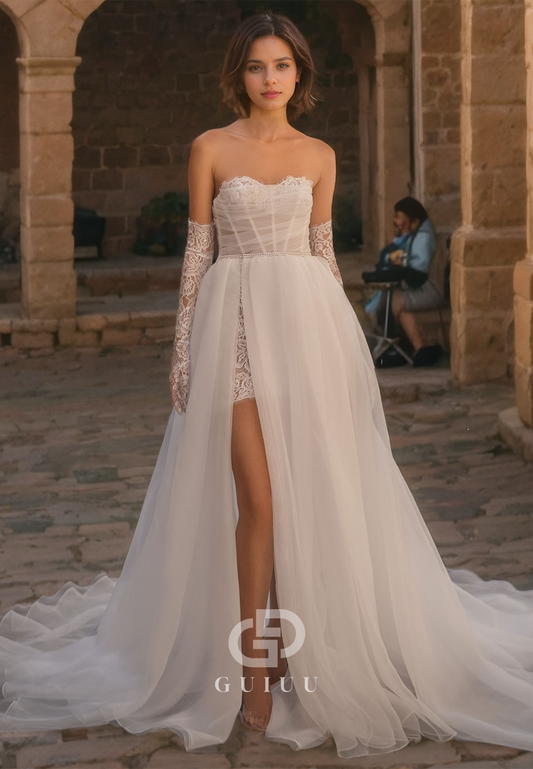 A-Line Strapless Sleeveless Pleated Tulle Wedding Dress with High Side Side Slit and Train