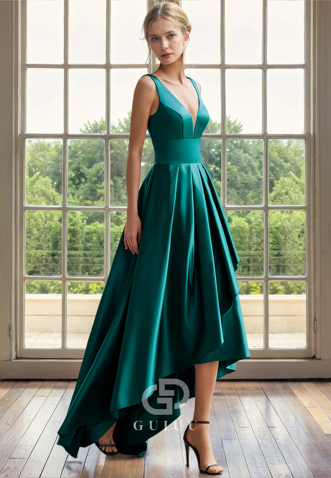 A-Line V Neck Straps Sleeveless Pleated High Low Mother of Bride Dress