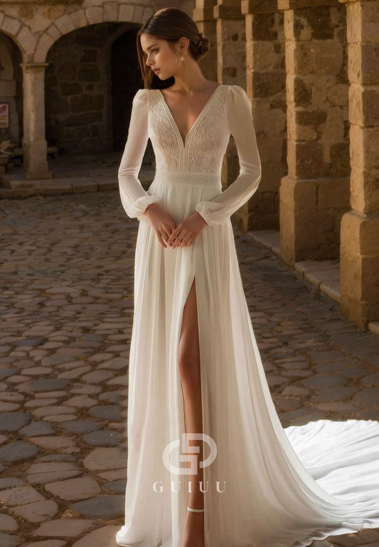 Elegant A-Line V Neck Long Sleeves Lace Chiffon Wedding Dress