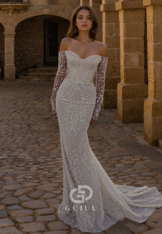 Mermaid Off Shoulder Long Sleeves Fully Lace Appliques Wedding Dress with Train