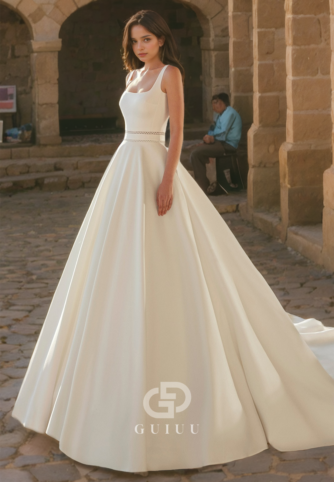 A-Line Square Straps Sleeveless Satin Open Back Long Wedding Dress with Train