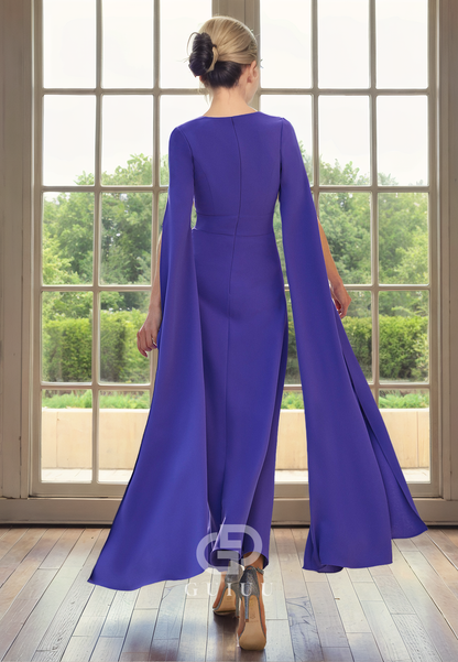 A-Line V Neck Sleeves Beaded Tea Length Mother of Bride Dress