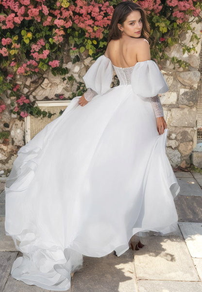 A-Line Strapless Detachable Long Lantern Sleeves Beaded Wedding Dress with High Side Slit and Train